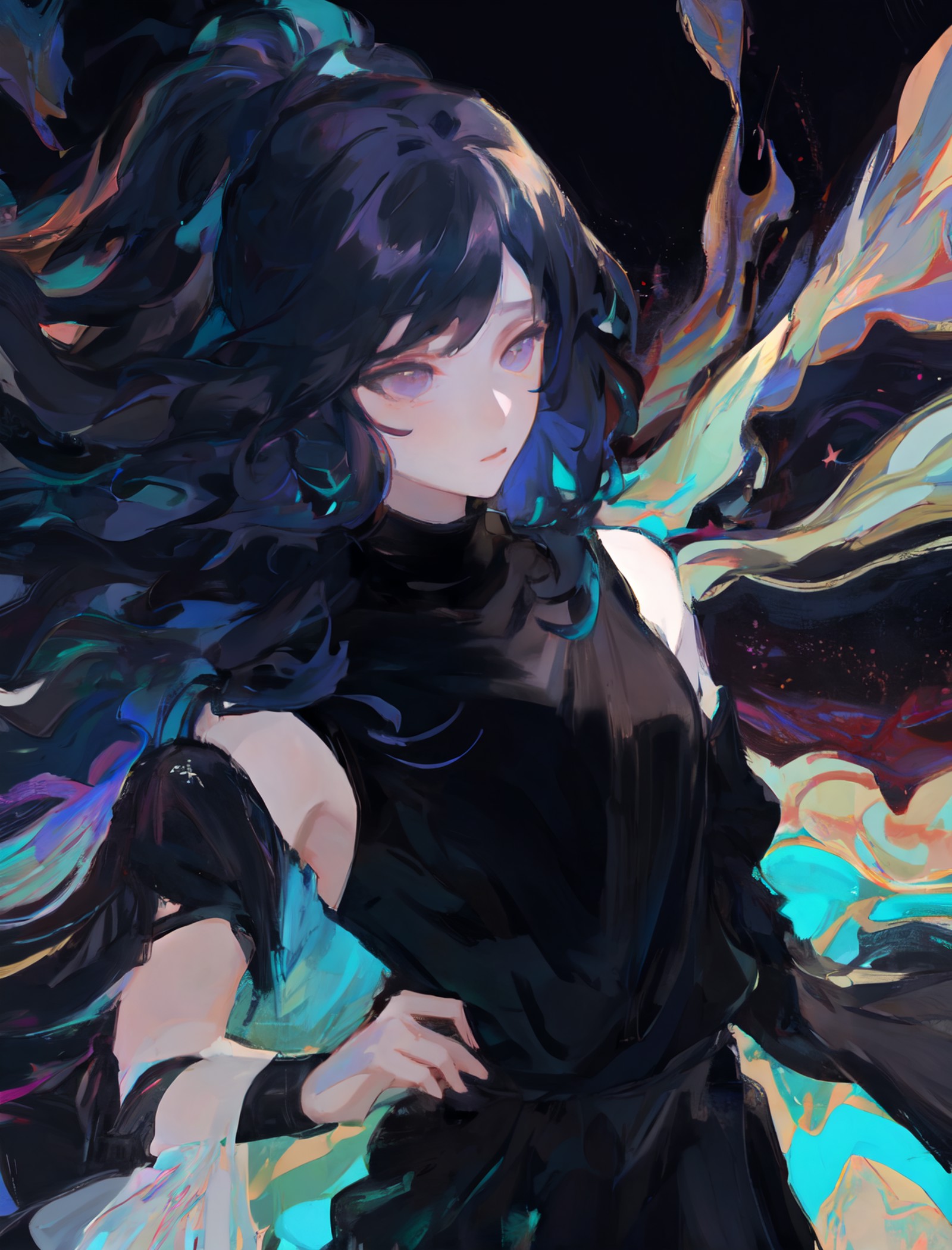 (Style by NTY:1.4), female, black shirt, iridescent hair, intricate, colorful <lora:OilPaint:0.7>
